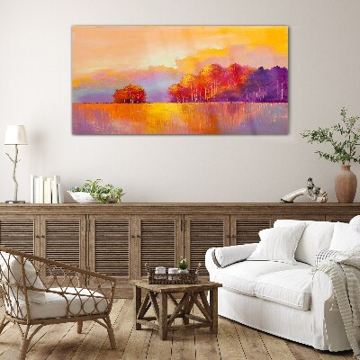 Colorful sunset over the meadow Glass art print