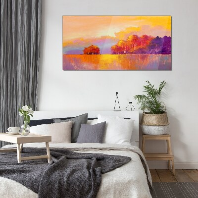 Colorful sunset over the meadow Glass art print