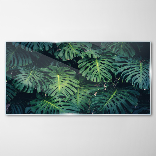 Tropical Green in Monstera Leaves Wall art on glass