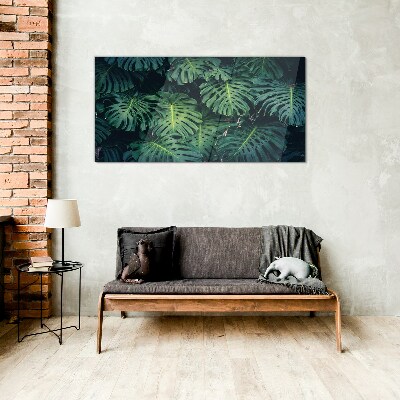 Tropical Green in Monstera Leaves Wall art on glass