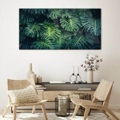 Tropical Green in Monstera Leaves Wall art on glass