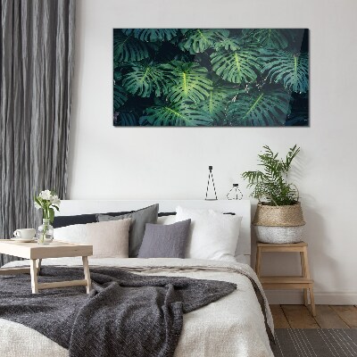 Tropical Green in Monstera Leaves Wall art on glass