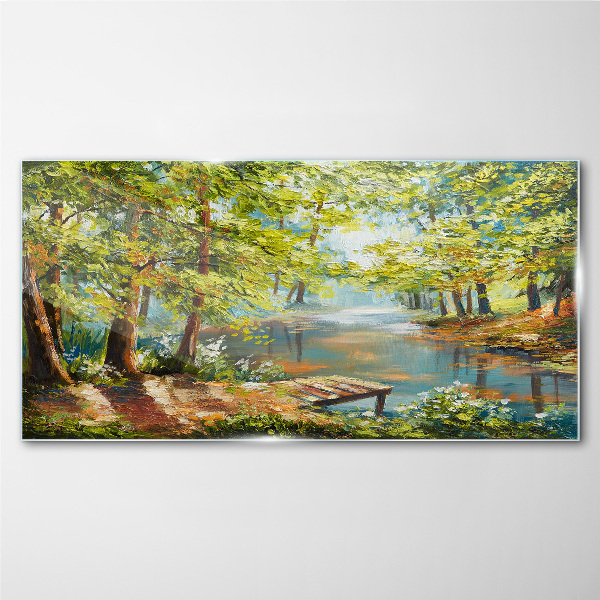 A peaceful forest landscape by the lake Wall art on glass