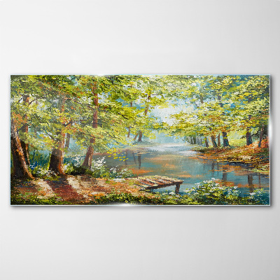 A peaceful forest landscape by the lake Wall art on glass