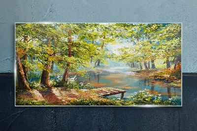 A peaceful forest landscape by the lake Wall art on glass