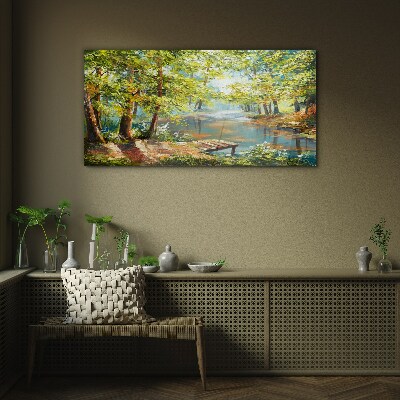 A peaceful forest landscape by the lake Wall art on glass