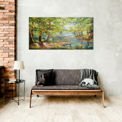 A peaceful forest landscape by the lake Wall art on glass