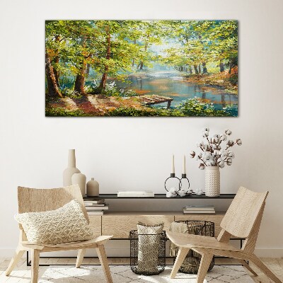A peaceful forest landscape by the lake Wall art on glass