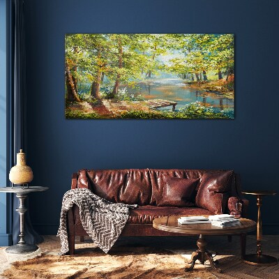 A peaceful forest landscape by the lake Wall art on glass