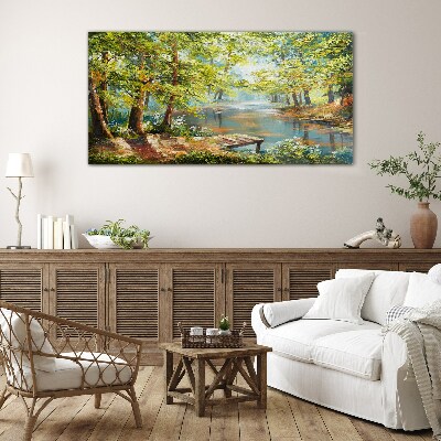 A peaceful forest landscape by the lake Wall art on glass