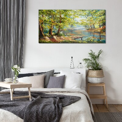 A peaceful forest landscape by the lake Wall art on glass