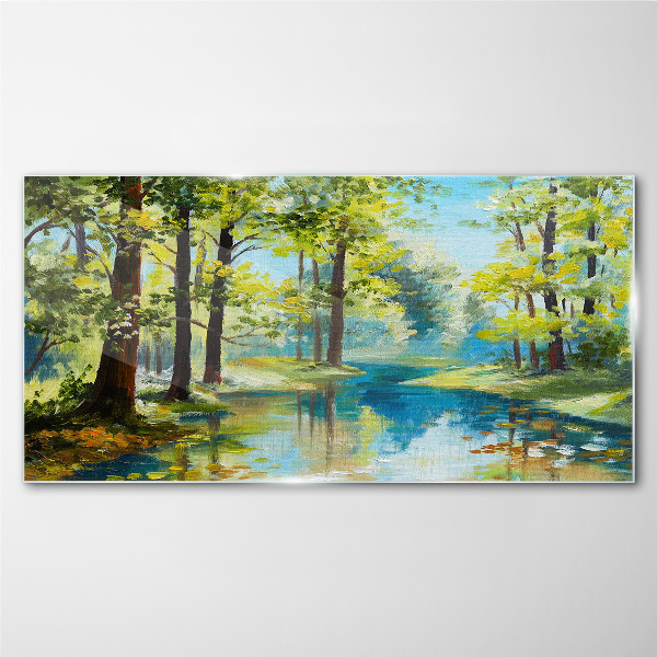 A peaceful forest landscape by the water Glass art print