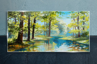 A peaceful forest landscape by the water Glass art print