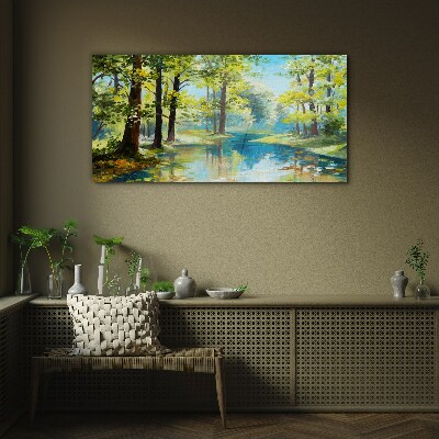 A peaceful forest landscape by the water Glass art print