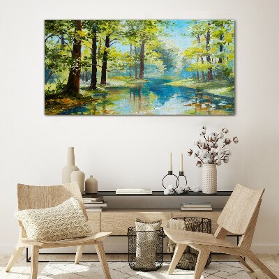 A peaceful forest landscape by the water Glass art print