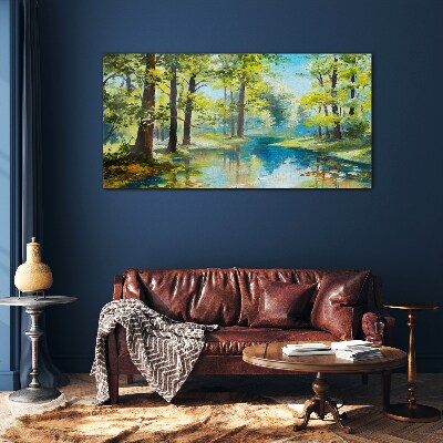 A peaceful forest landscape by the water Glass art print