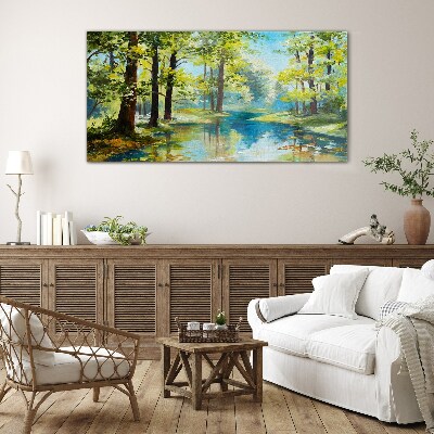 A peaceful forest landscape by the water Glass art print