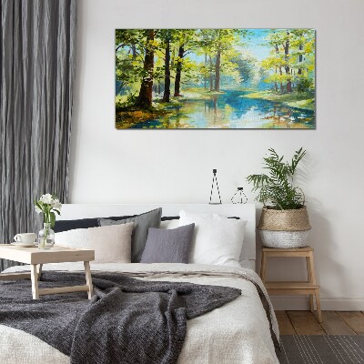 A peaceful forest landscape by the water Glass art print