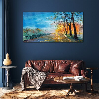 Autumn alley in the sunshine Wall art on glass