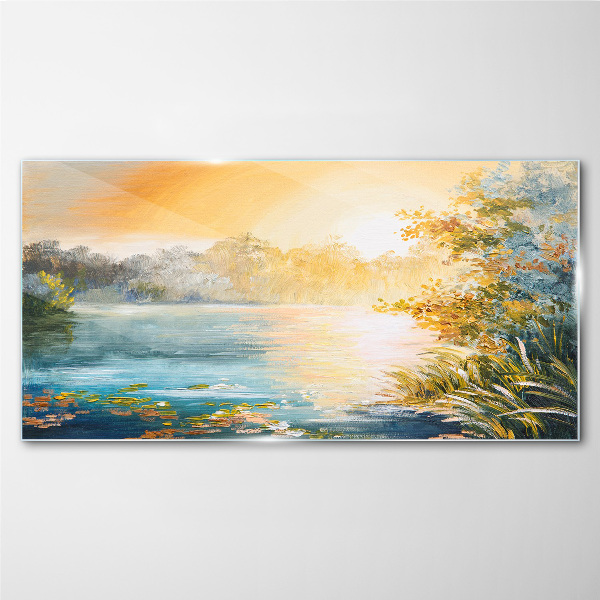 Morning calm by the river Glass art print