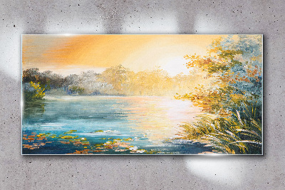 Morning calm by the river Glass art print