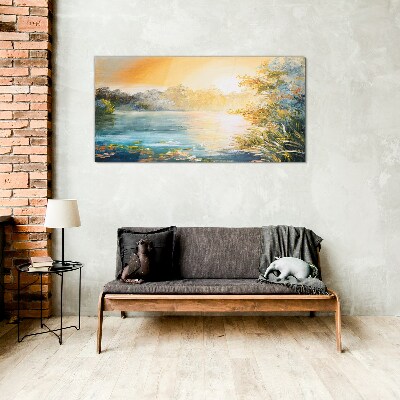 Morning calm by the river Glass art print