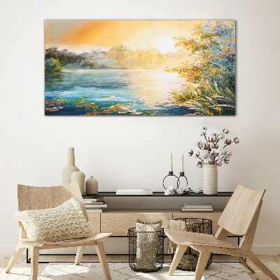 Morning calm by the river Glass art print