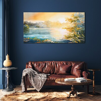 Morning calm by the river Glass art print