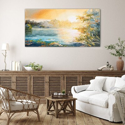Morning calm by the river Glass art print