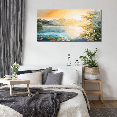 Morning calm by the river Glass art print