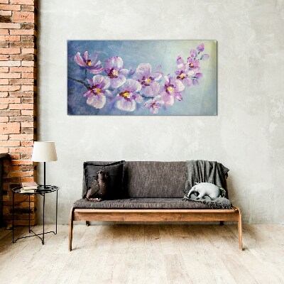 Floral orchids on blue background Glass art print