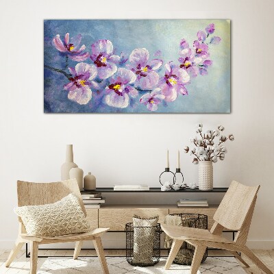 Floral orchids on blue background Glass art print