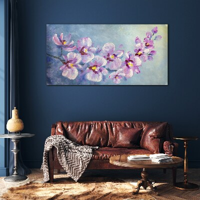 Floral orchids on blue background Glass art print