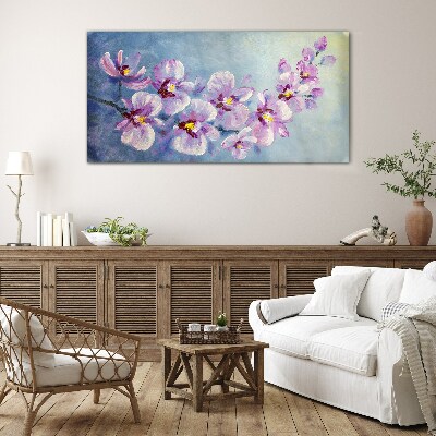 Floral orchids on blue background Glass art print