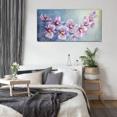 Floral orchids on blue background Glass art print
