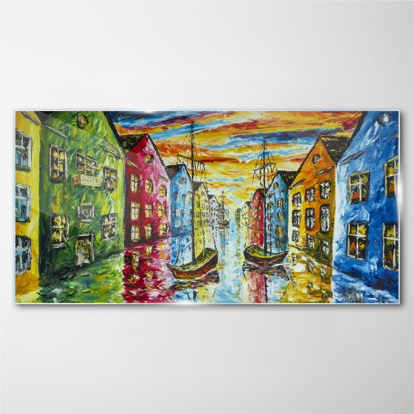 Colorful townhouses by the river Glass art print