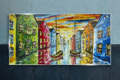 Colorful townhouses by the river Glass art print