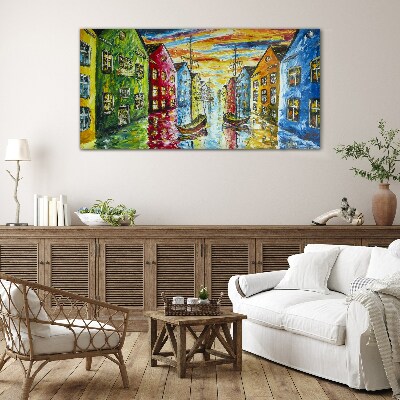 Colorful townhouses by the river Glass art print
