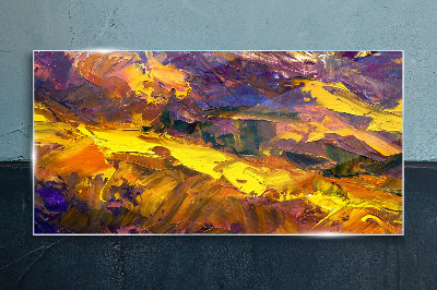 An expressive landscape in intense colors. Wall art on glass
