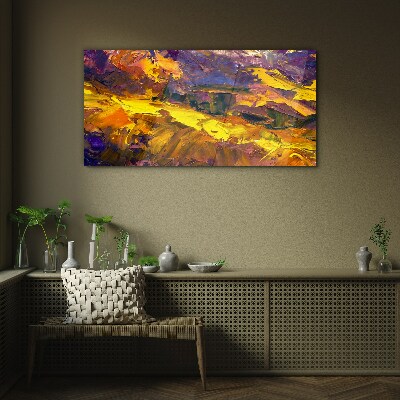 An expressive landscape in intense colors. Wall art on glass