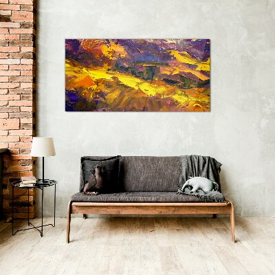 An expressive landscape in intense colors. Wall art on glass