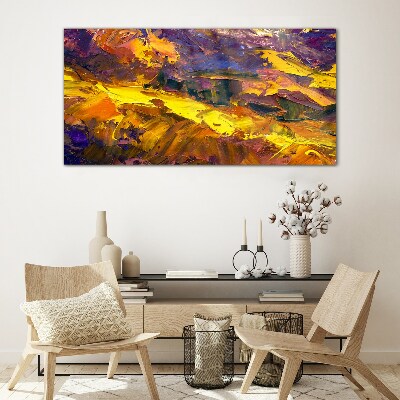An expressive landscape in intense colors. Wall art on glass