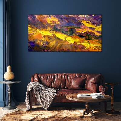An expressive landscape in intense colors. Wall art on glass
