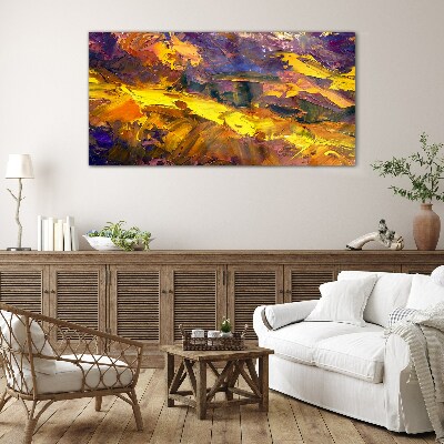 An expressive landscape in intense colors. Wall art on glass