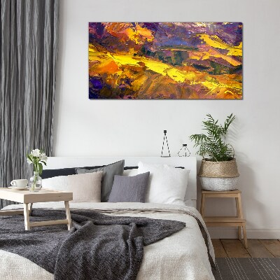 An expressive landscape in intense colors. Wall art on glass