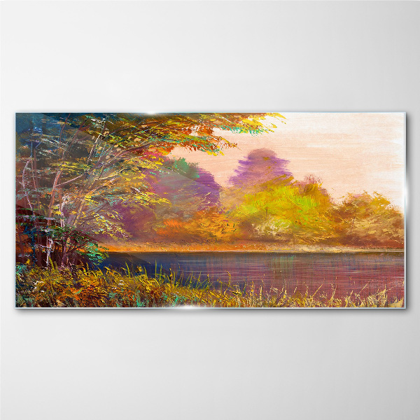 Autumn colors by the lake Glass art print