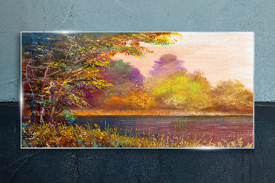 Autumn colors by the lake Glass art print