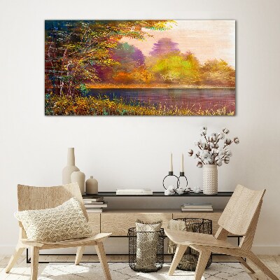 Autumn colors by the lake Glass art print