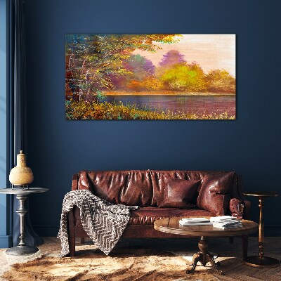 Autumn colors by the lake Glass art print