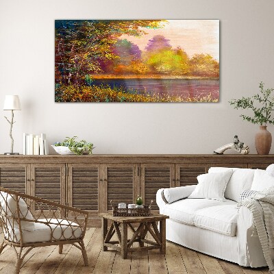 Autumn colors by the lake Glass art print